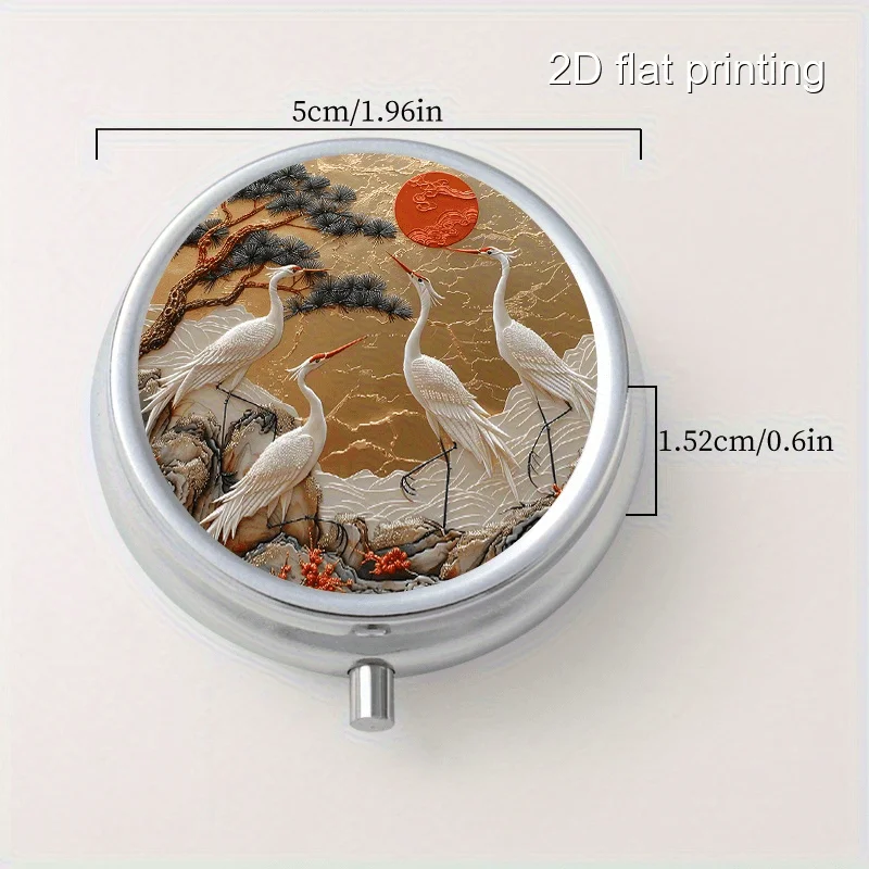 Creative Printed Pattern of Pine Branches and Cranes, Round Metal Box with 3 Compartments, Portable Mini Metal Box, Vitamin Metal Box, Portable Metal Box for Home and Travel, Multifunctional Sorting and Storage Box, Small Metal Box for Decorations, Earrings, and Jewelry with Multiple Compartments, Sealed and Moisture-Proof, Unique Holiday Gift for Family and Friends