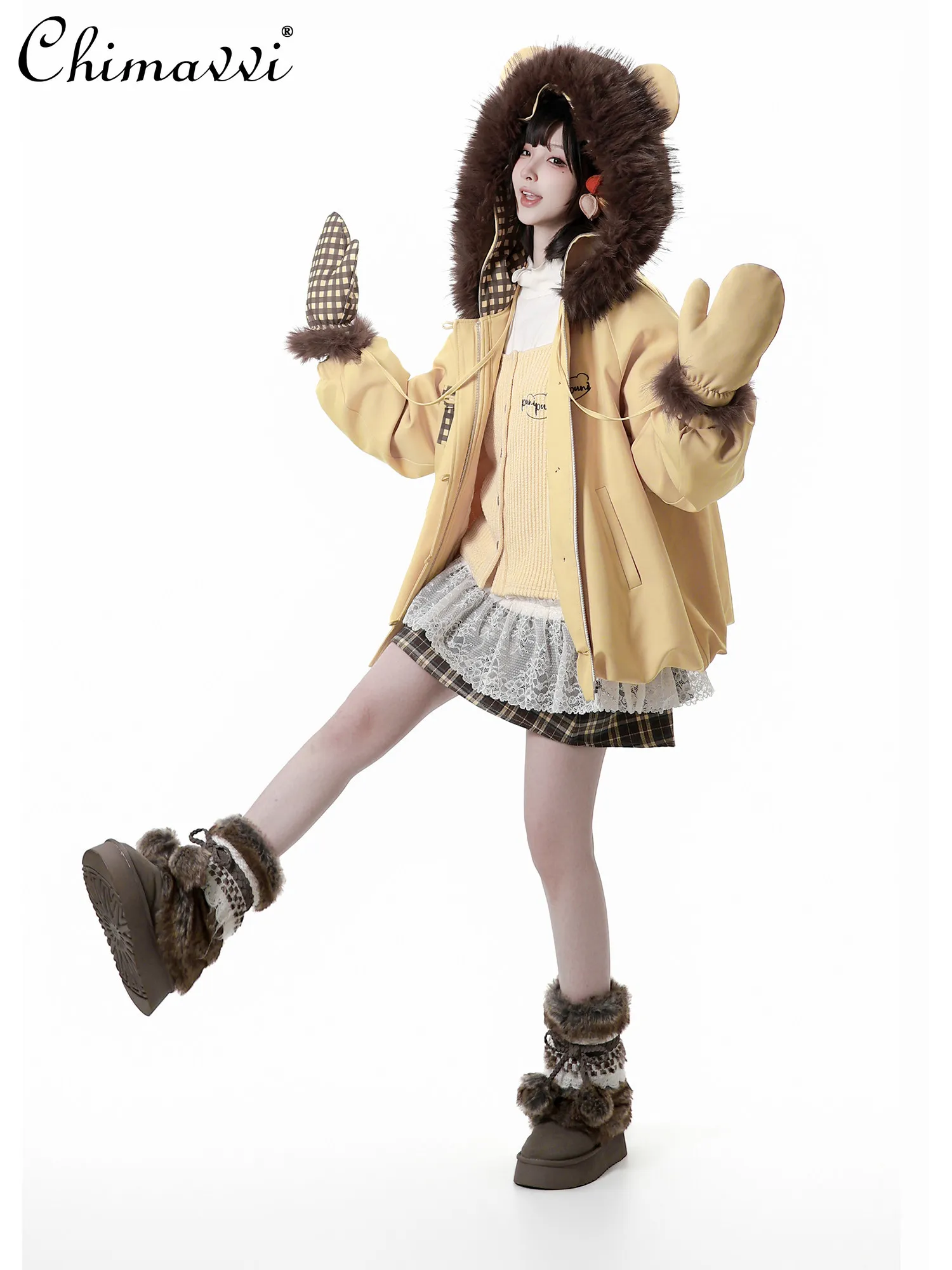 일본 스타일 귀여운 소녀 긴 소매 후드 퍼프 코튼 재킷 슬림 플레어 팬츠 겨울 신상 달콤한 여성 학생 긴 바지 세트