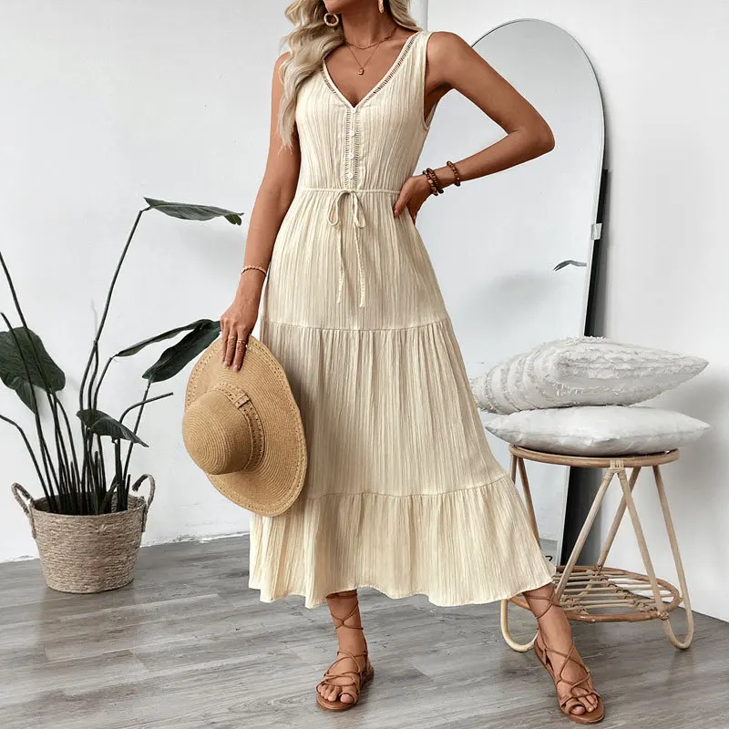 

2025 Summer New European and American Cross-border Textured Sleeveless Beach Women's Dress N001