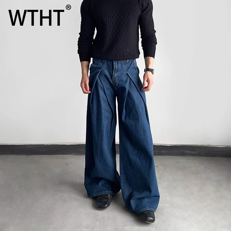 

WTHT модные мужские плиссированные однотонные джинсовые брюки, модные свободные широкие джинсы с высокой талией Mlae, осень 2023, 2A2378