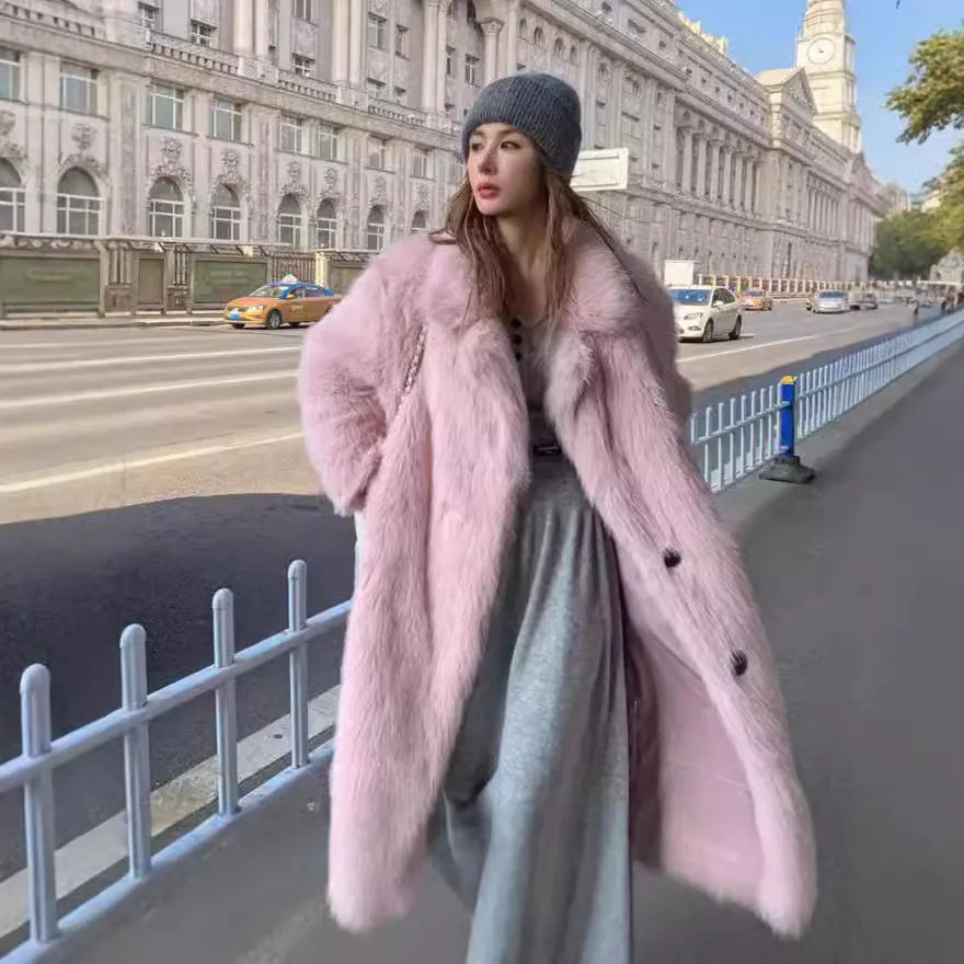 

KIDCRKJ Winter Women eco fur coat pink double breasted thick female mink fur jacket long over the knee lady artificial fur coat