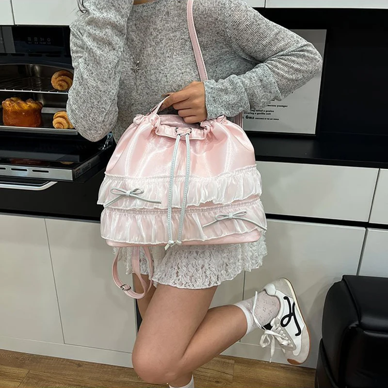 

HAEX Sweet Girls Ruffles Backpack Subculture Multifunctional Crossbody Shoulder Bags 2025 Trend Pearlescent Lace Bow Tote Bag