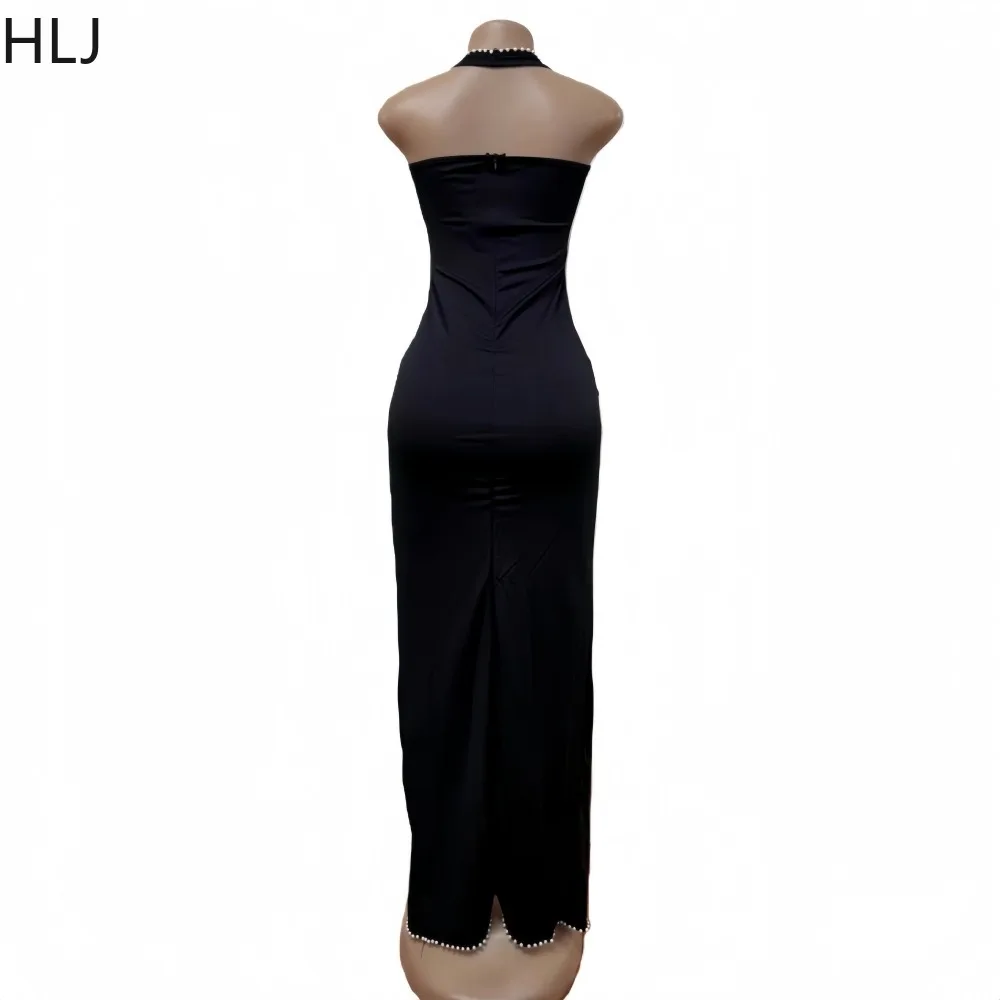 HLJ 우아한 진주 패치워크 바디콘 드레스 여성용 홀터 슬리브리스 백리스 불규칙 드레스 여성 스트리트웨어 베스티도스 신상품