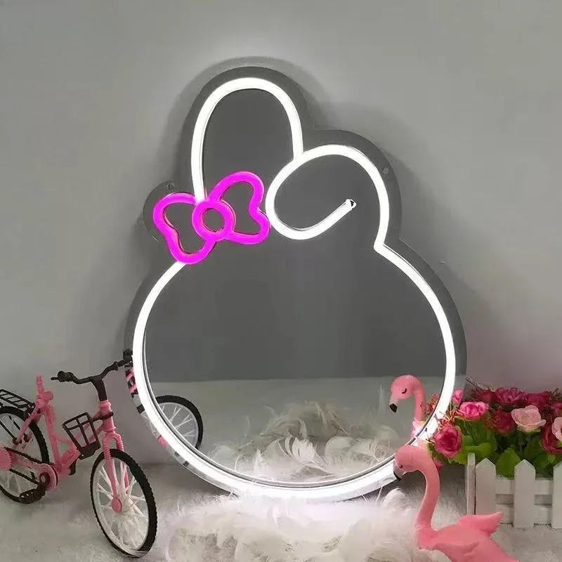 

Зеркало с милым кроликом, неоновая подсветка, кавайная неоновая вывеска, светодиодный светильник с регулируемой яркостью USB для комнаты, спальни, студии, салона, домашнего декора, подарок на день рождения