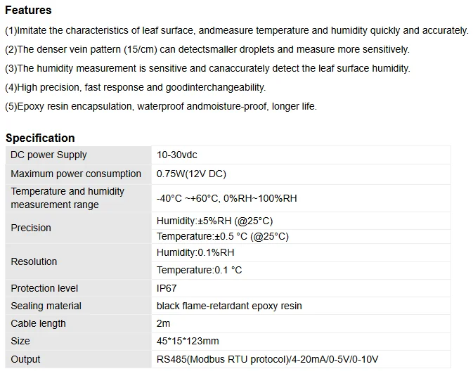Outdoor Leaf Surface Temperature and Humidity Moisture Sensor Transmitter with RS485/4-20mA/0-5V Output