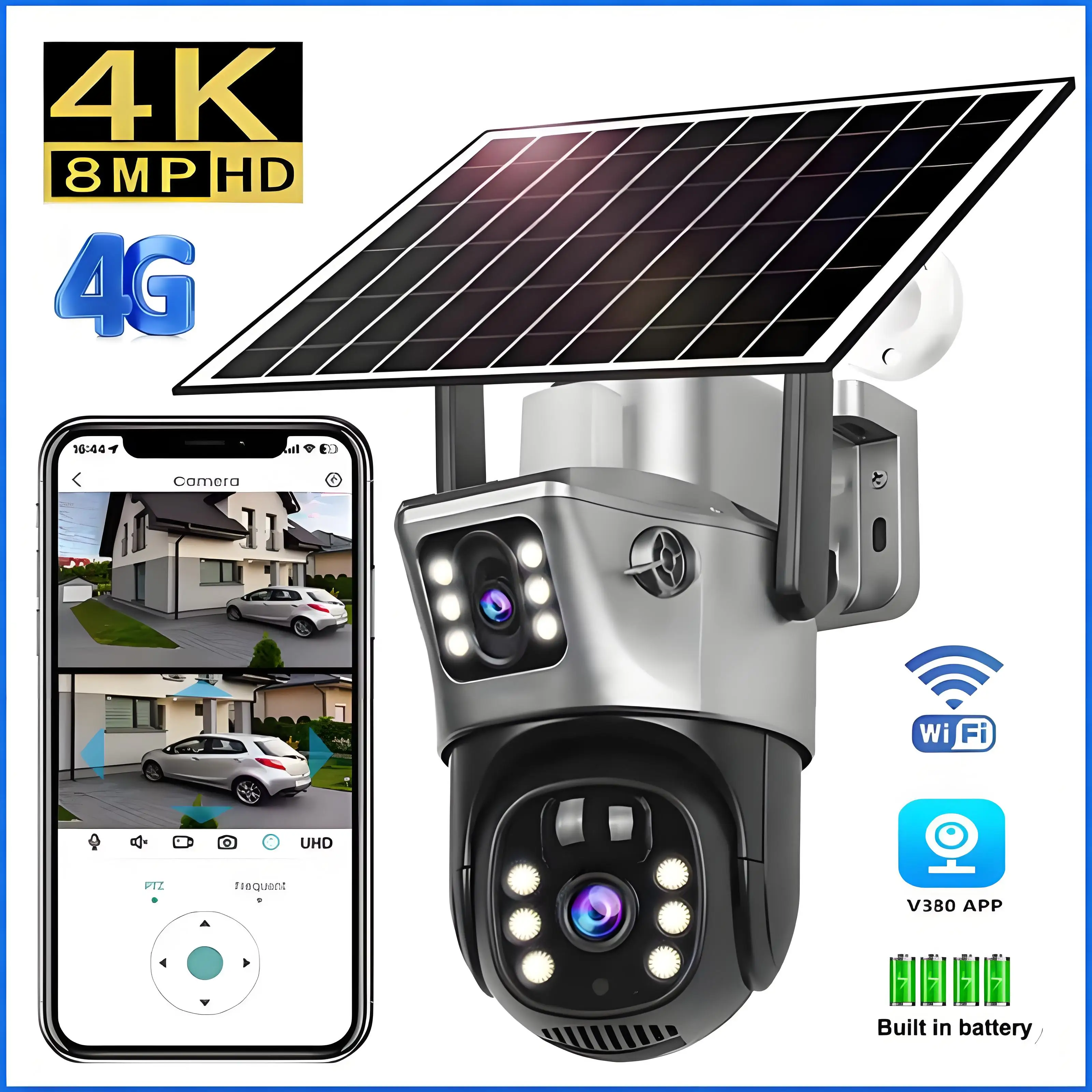 camera de vigilancia solar impermeavel ao ar livre lente dupla visao noturna deteccao movel seguranca 4g wifi v380 cctv 8mp 4k 01