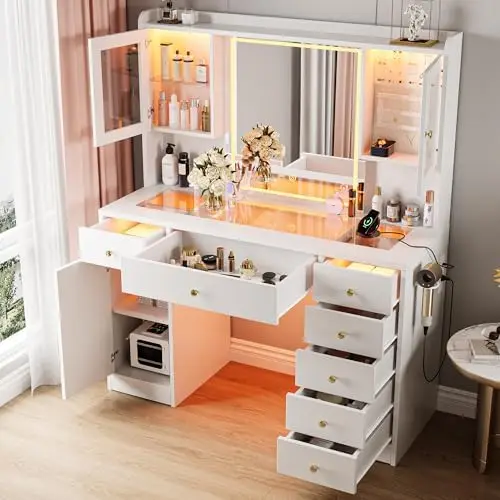 Makeup Vanity Desk with Mirror & LED Lights, Large Glass Top Vanity Table with 7 Drawers & 3 Cabinets, Modern Dressing