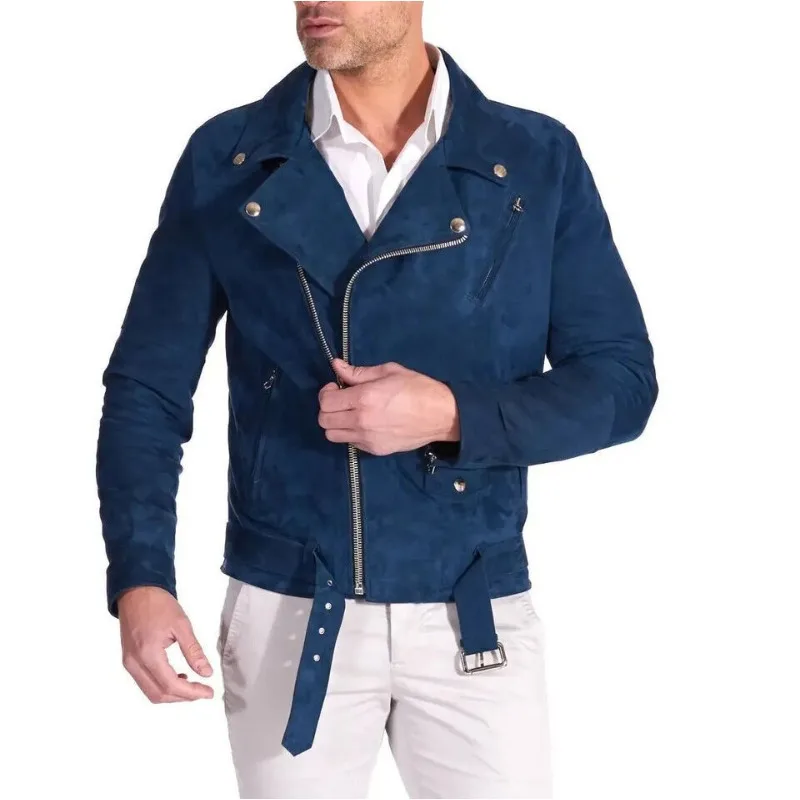 

Men's Blue Suede Leather Jacket 100% Pure Soft Suede Leather Motorcycle Fashion Trend