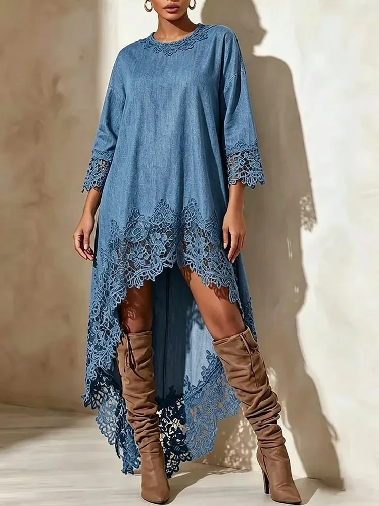 

Женское повседневное джинсовое мини-платье с кружевной отделкой, пэчворк, рукав 3/4, круглый вырез, асимметричный подол, свободный крой, летнее макси-платье 2026