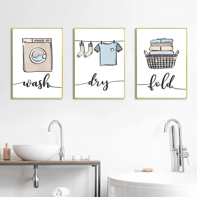 Modern Cute Laundry Room Art Decorative Poster Prints Wash Dry Fold Repeat Sign Pattern Canvas Picture Simple Home Wall Decor