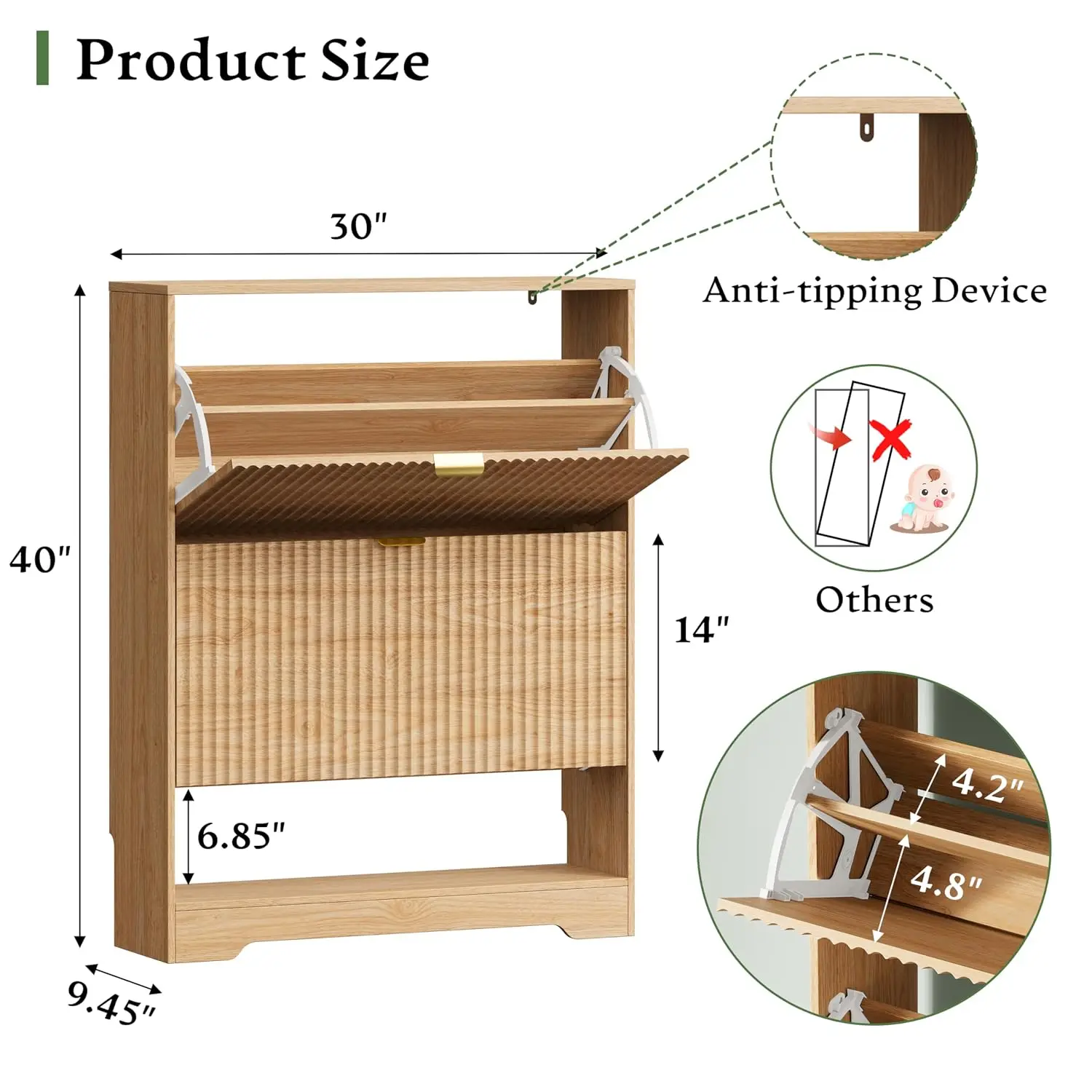 Slim Wood Shoe Cabinet with 2 Flip Drawers, Hidden Narrow Organizer with Fluted Panel for Entryway Hallway, Oak, Customized
