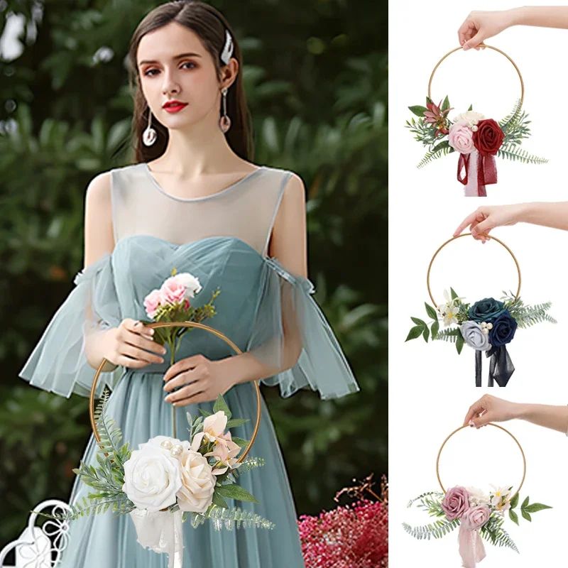 1PC Metal Rose Rings Wedding Bridesmaids Flower Children Handheld Rings Festival Decoration Wall Hanging Small Wreath