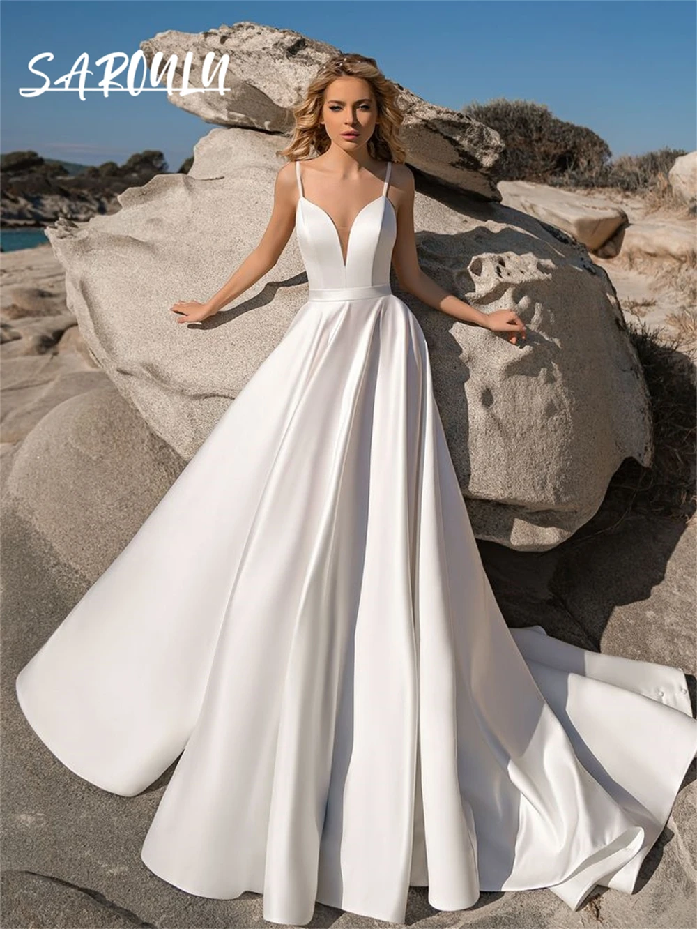 

Minimalism Satin A Line Wedding Dress for Women 2025, Customized Beach Bride Dresses, Spaghetti Straps Modern Bridal Gown