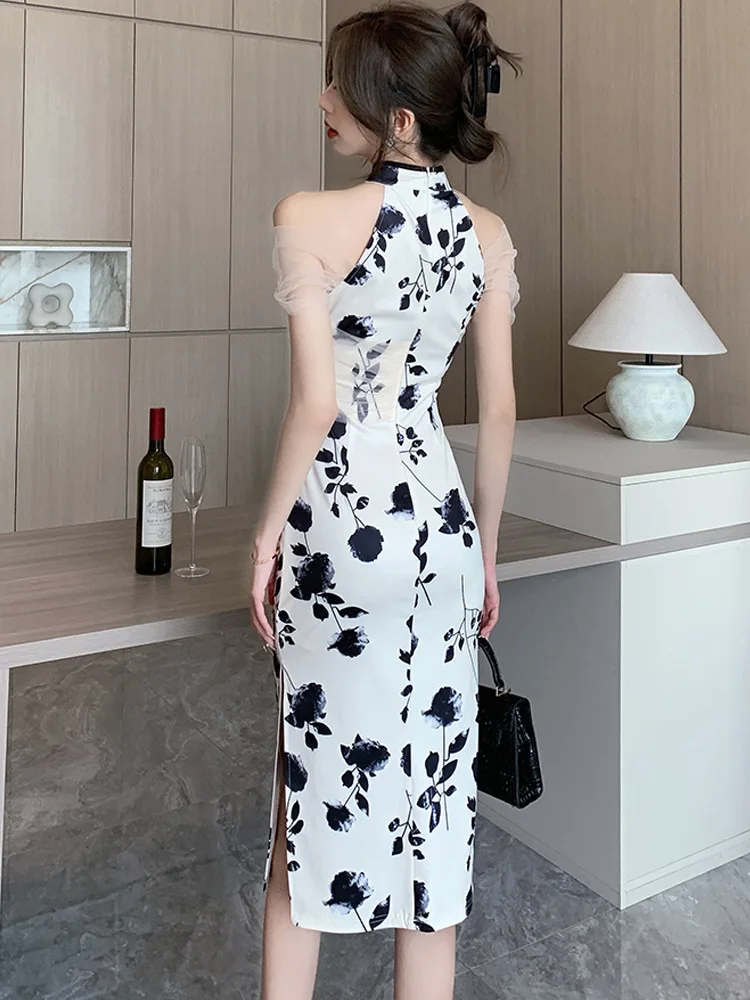 Women Hollow Lace Perspective Qipao Chinese Mandarin Collar Cheongsam Summer Sexy Sleeveless Split Dress Elegant Vestidos images - 6