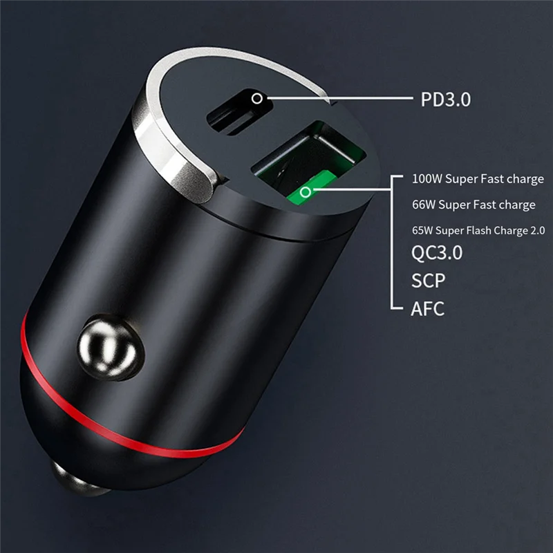 

QB-100W Dual Ports Mini USB Car Charger Super Fast Charging Phone Charge Adapter Charger Socket Lighter 12-24V Durable Easy To U