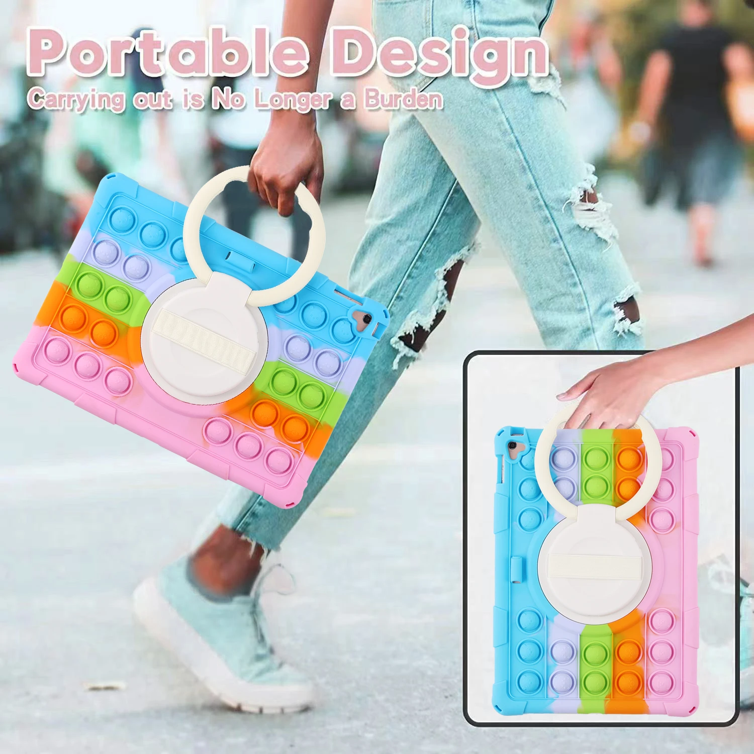 Kids Case for iPad 9.7 6th 5th pro 9.7 Air 2 1 Silicone Cartoon Decompression Bubble Tablet Cover with Shoulder Strap & Pen