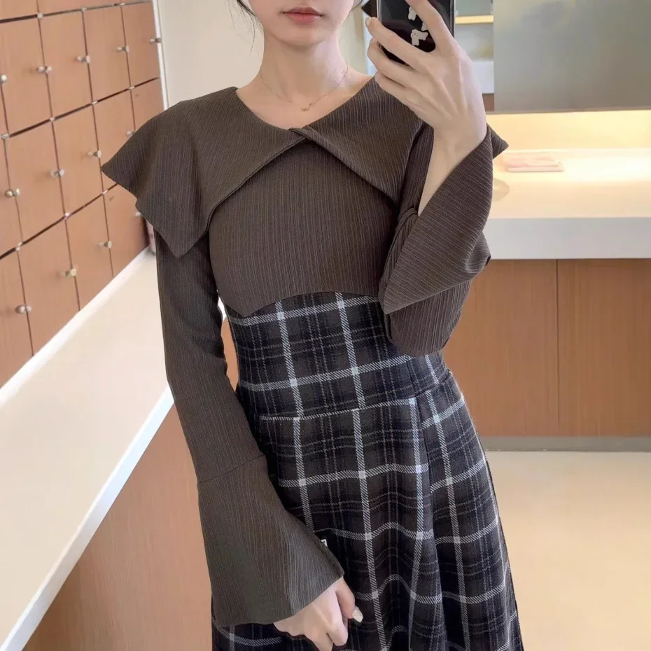 Patchwork 2025 Spring New Turn-down Collar Knit Long Sleeve Dress Vintage Plaid Slim Fishtail Robe Japan Style Elegant Vestidos