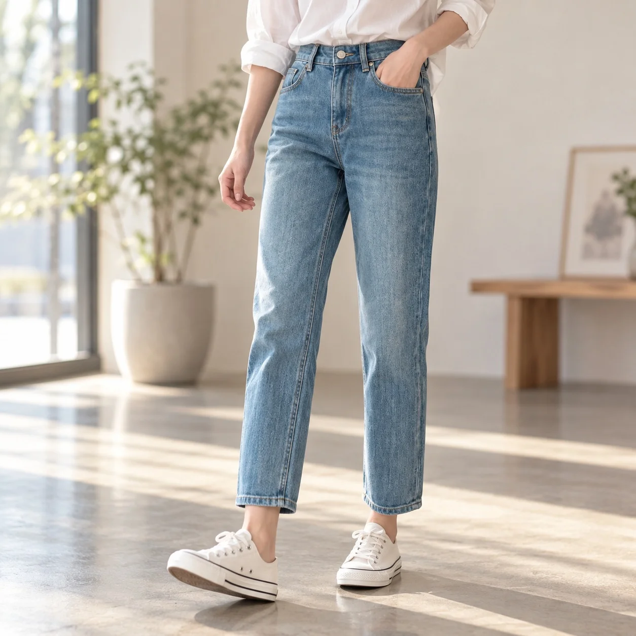 Lightweight Washed Finish Jeans with High Waist Cropped Length High Stretch Baguette Fit Japanese Korean Casual Women Jeans