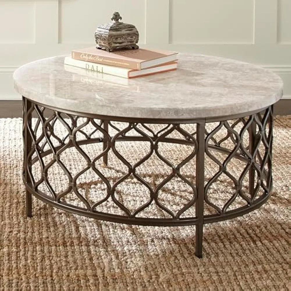 가구 롤랜드 라운드 대리석 커피 테이블, 36인치 라운드 커피 테이블, 청동 금속 베이스, 현대적인 디자인, 거실 Ro