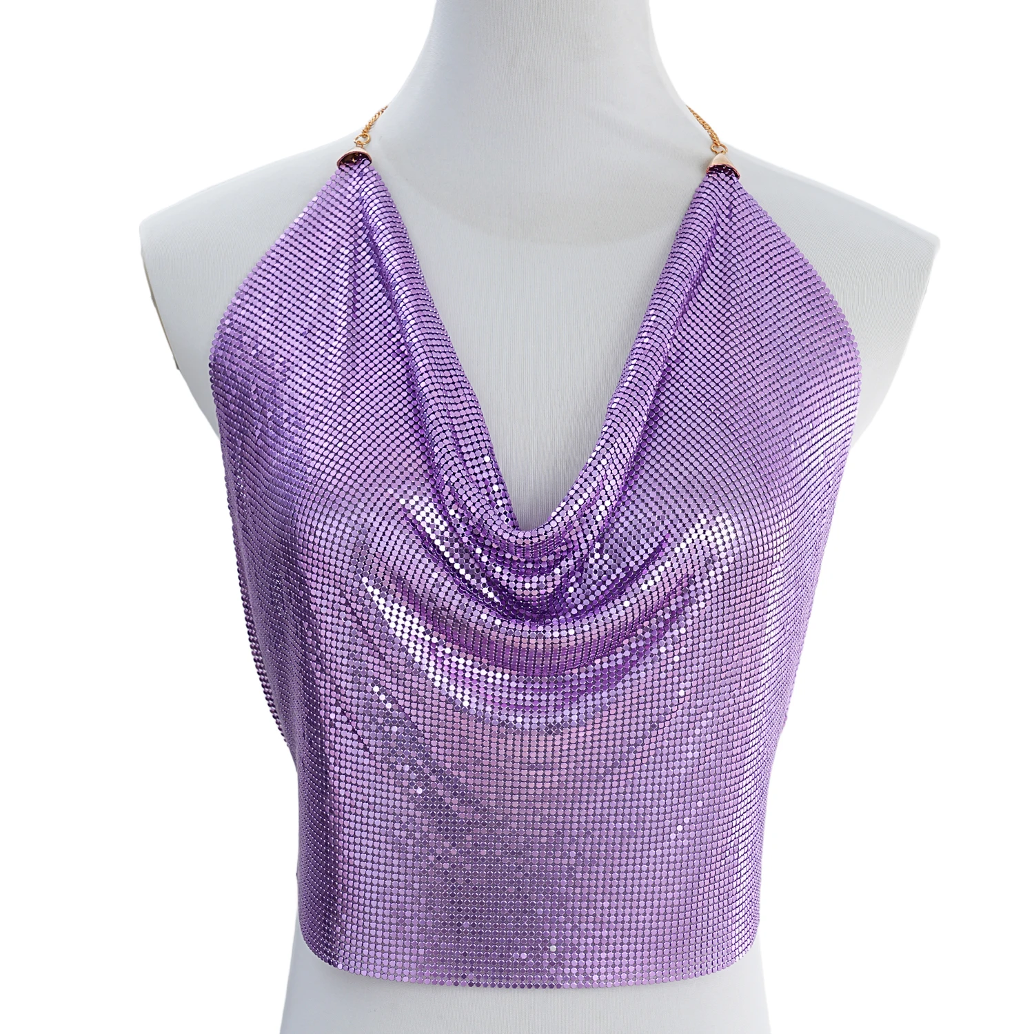 Women's Metallic Mesh Halter Crop Top, V Neck Backless Cami with Chain Strap, Sparkly Glitter Sleeveless Tank Rave Festival