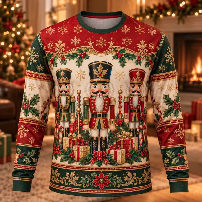 Nutcracker Christmas All Over Print Long Sleeve Shirt Unisex Xmas Holly Snowflake Gift Pattern Tops for Family Holiday Party