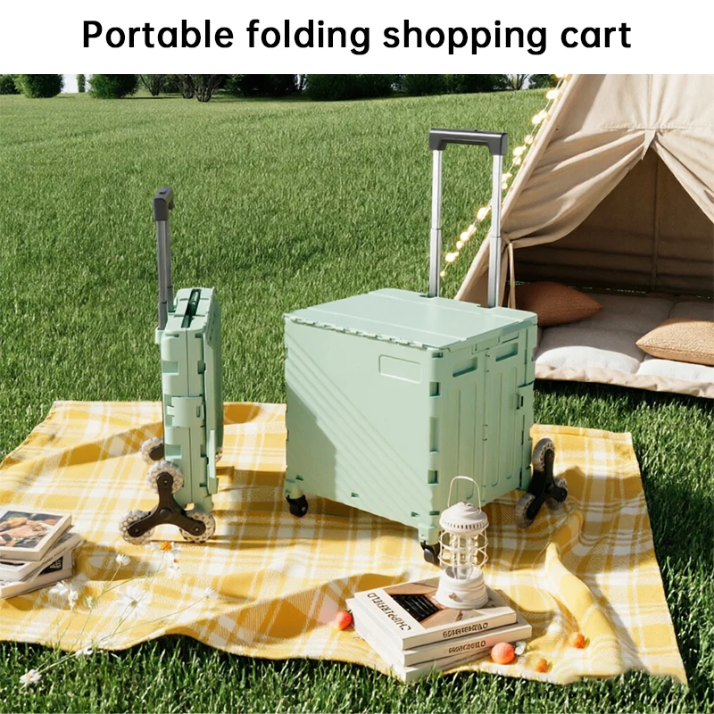 Shopping Cart with Lidded Storage Box Foldable Utility Wagon with Adjustable Handle Rolling Wheels Basket for Outdoor Travel