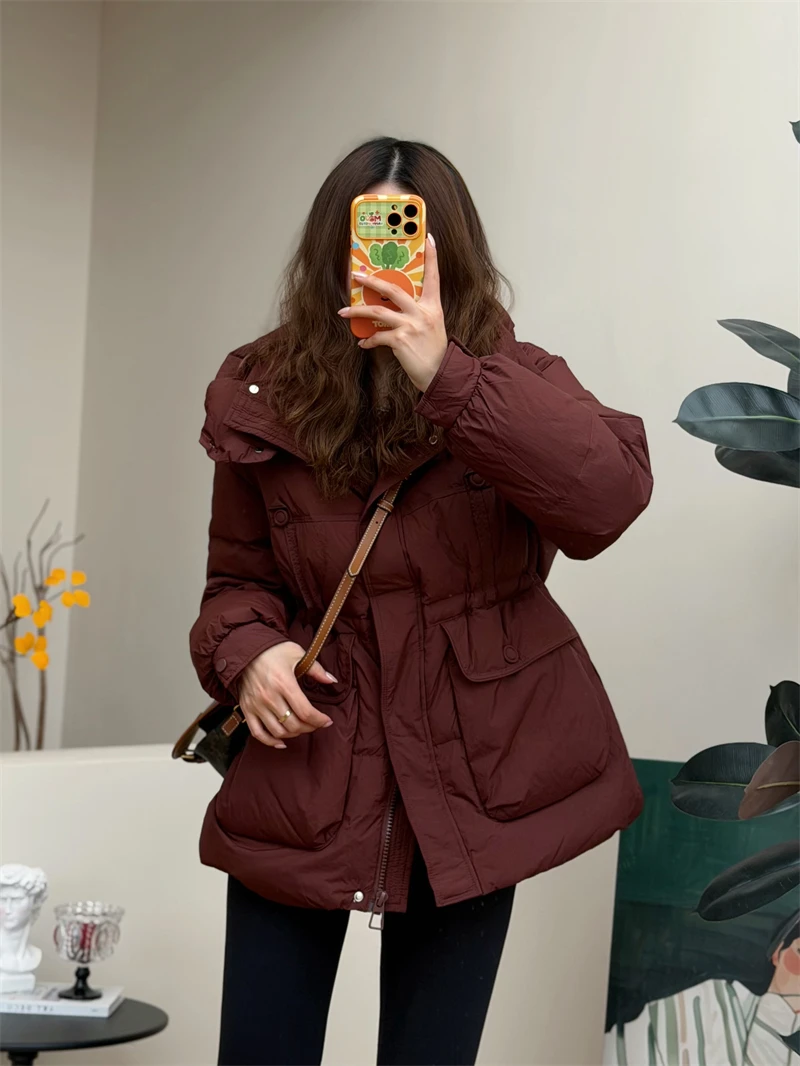 

Утепленная ветрозащитная женская зимняя куртка из 90% белого пуха, свободного кроя, с капюшоном, средней длины, с регулировкой на талии