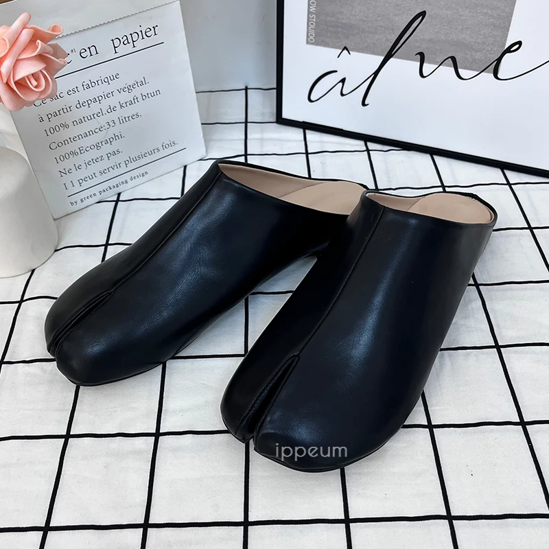 IPPEUM Women Split Toe Shoes Slippers Plus Size 44 Black Leather Summer Beach Flats Mules Shoe