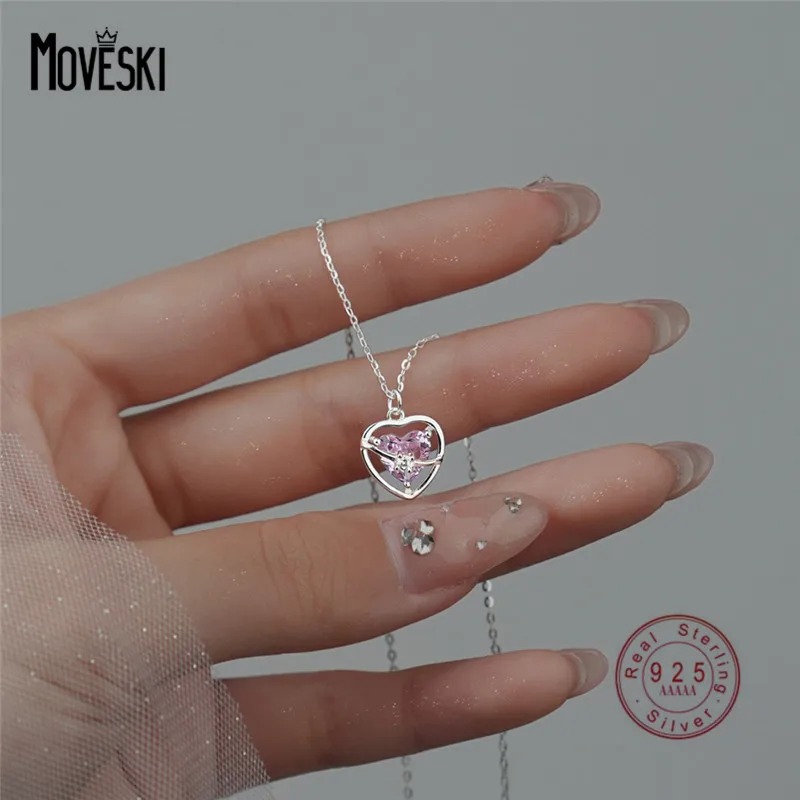 

MOVESKI 925 Sterling Silver Pink Zircon Heart Hollow Pendant Necklace Women Fashion Glamour Party Jewelry