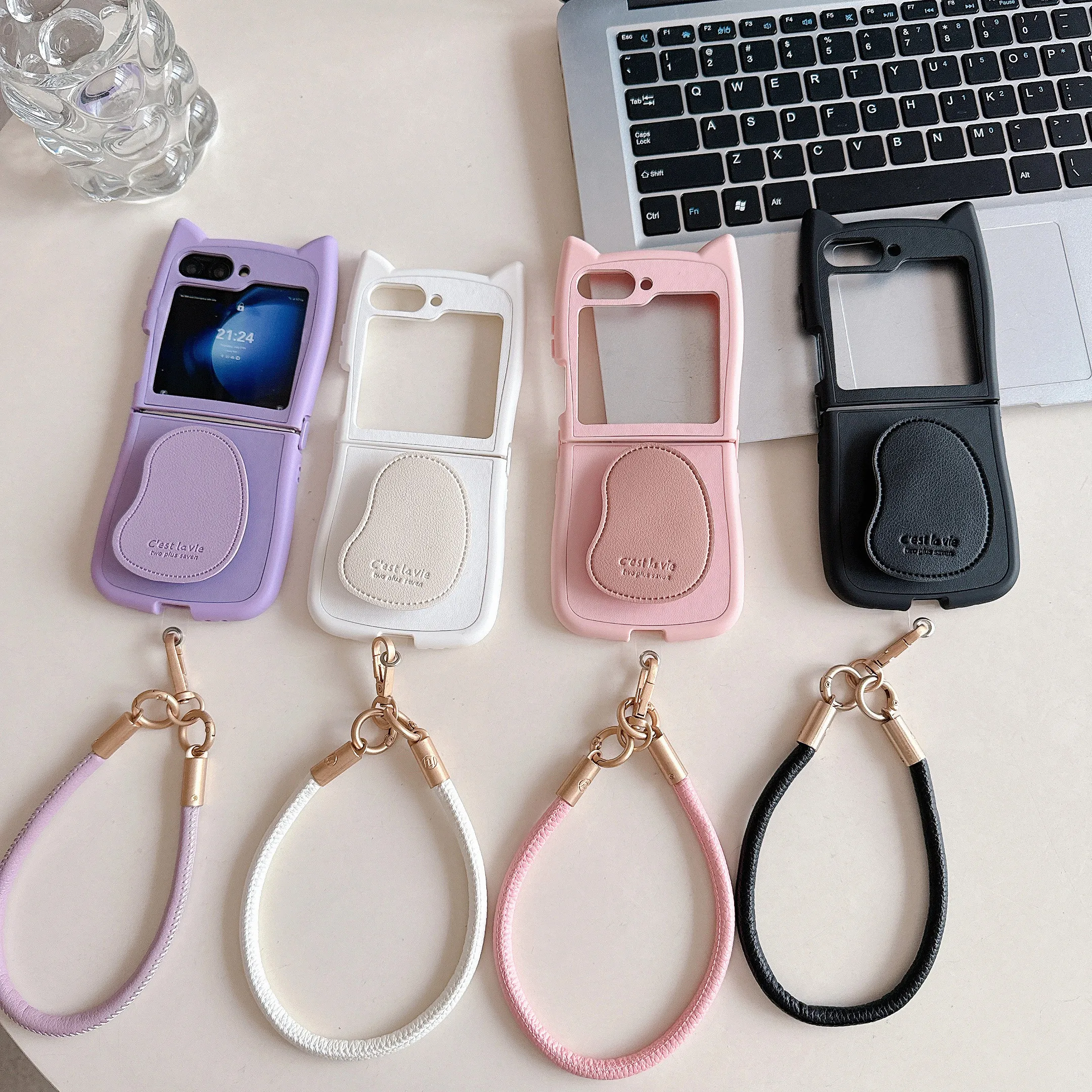 

Уникальный элегантный кожаный эллипс-держатель на запястье с кошачьими ушками, мягкий чехол для телефона Samsung Galaxy Z Flip 6 5 4 3 5G F7110