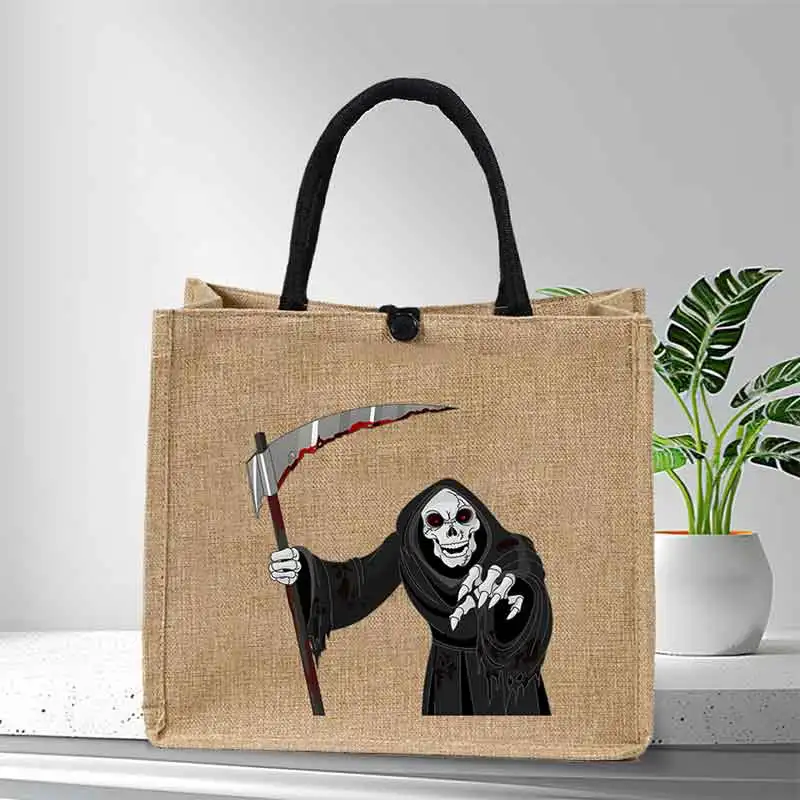 New Halloween Black And White Theme Series Women Tote Bags Print Linen Eco Handbag High Capacity Teen Shoulder Shopping Bag