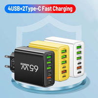 Total 65W 6 in 1 4 USB 2 Type C Quick Charging Fast Wall Charger For iPhone Samsung Xiaomi Huawei Mobile Phone Adapter
