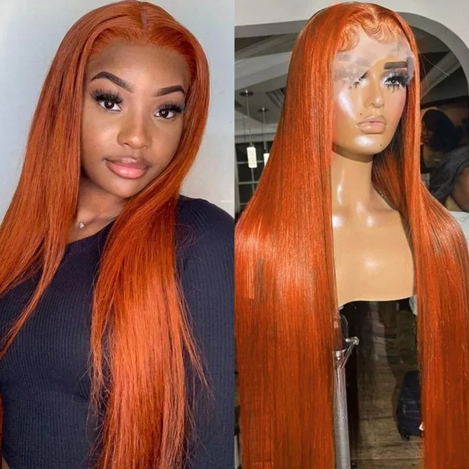 

Парик 13x4 Glueless Ginger Orange HD Lace Front из 100% вьетнамских человеческих волос, супер двойной плотности, Bone Straight, с фронтальной шнуровкой