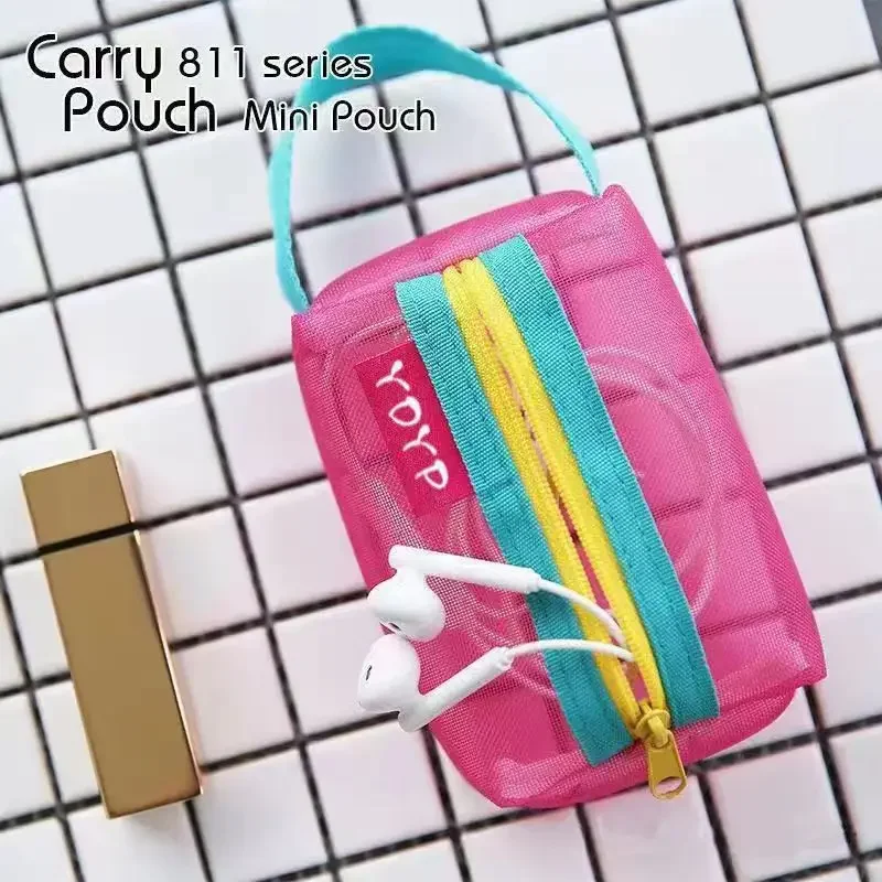 New Colorblock Mini Cute Nylon Mesh Cosmetic Bag Makeup Bag Portable Earphone Data Cable Charger Organizer Coin Purse Pouch