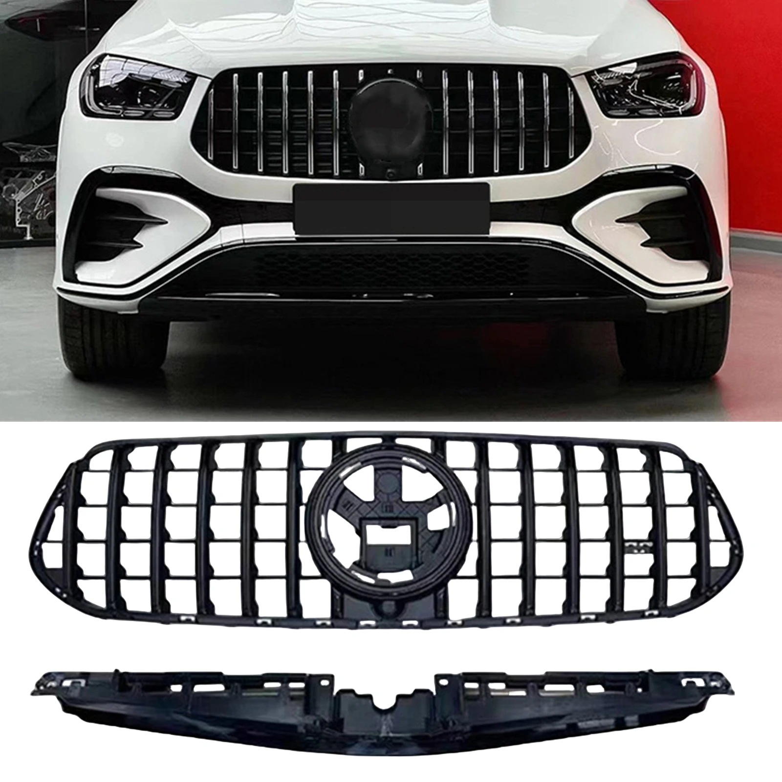 

New！ Front Grille Grill For Mercedes Benz W167 GLE Class GLE350 GLE450 GLE580 2024 Sport GT R Style Upper Bumper Hood Mesh W/ Br