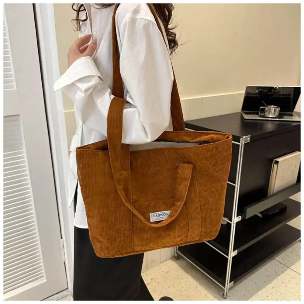 Large Capacity Corduroy Tote Bag for Ladies Simple Striped Handbag for Daily Travel Use Fluffy Tote Bag Gifts for Women Girls