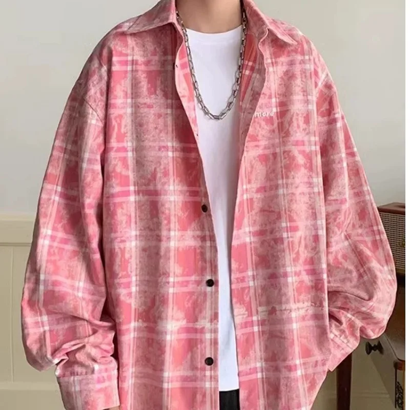 Spring tie-dye niche plaid long-sleeved shirt men's trendy shirt American high street