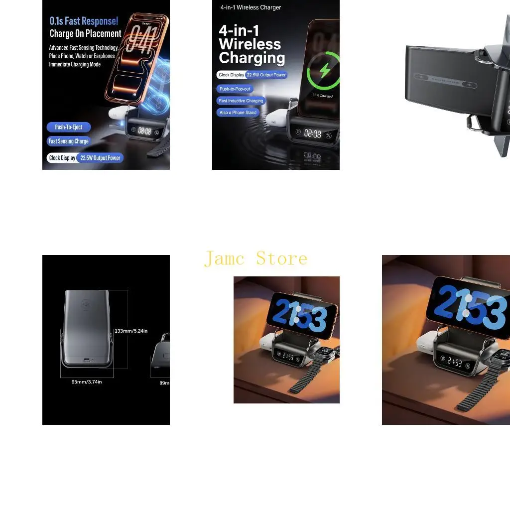 LX0B Phone Wireless Charging Stand 4 in 1, Digital Clock Charging Dock for Watch Ear Buds and Smartphone, Holder for Bedroom
