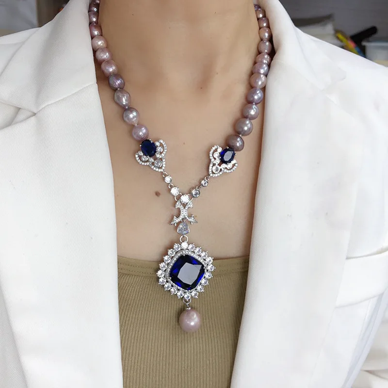 

Natural 9-10mm Purple Baroque pearl necklace female Joker fashion exquisite sweater necklace