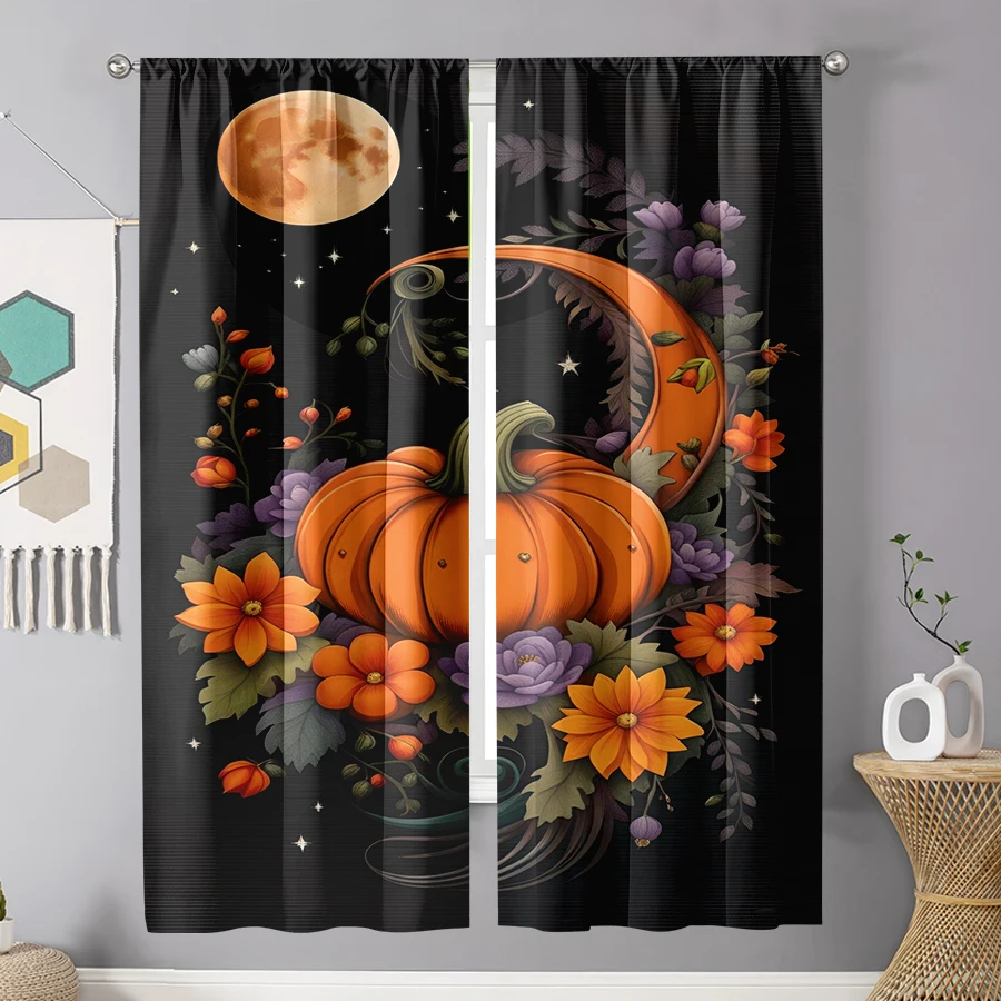 2PCS Digital Print Curtain, Pumpkins Flowers Moon Stars, Black Background Boho Autumn Style for Living Room Bedroom Decor
