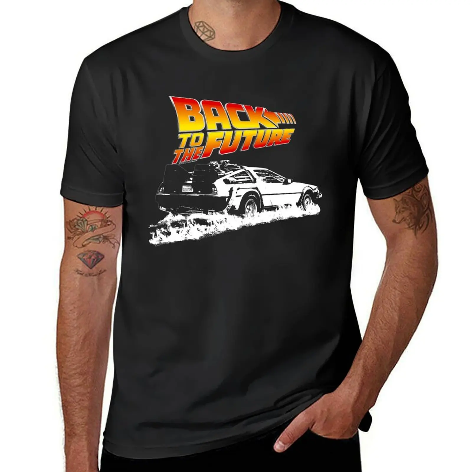 Back to the Future - DeLorean Fire Tracks White Stencil Fan Art T-Shirt tees vintage clothes sweat mens graphic t-shirts anime