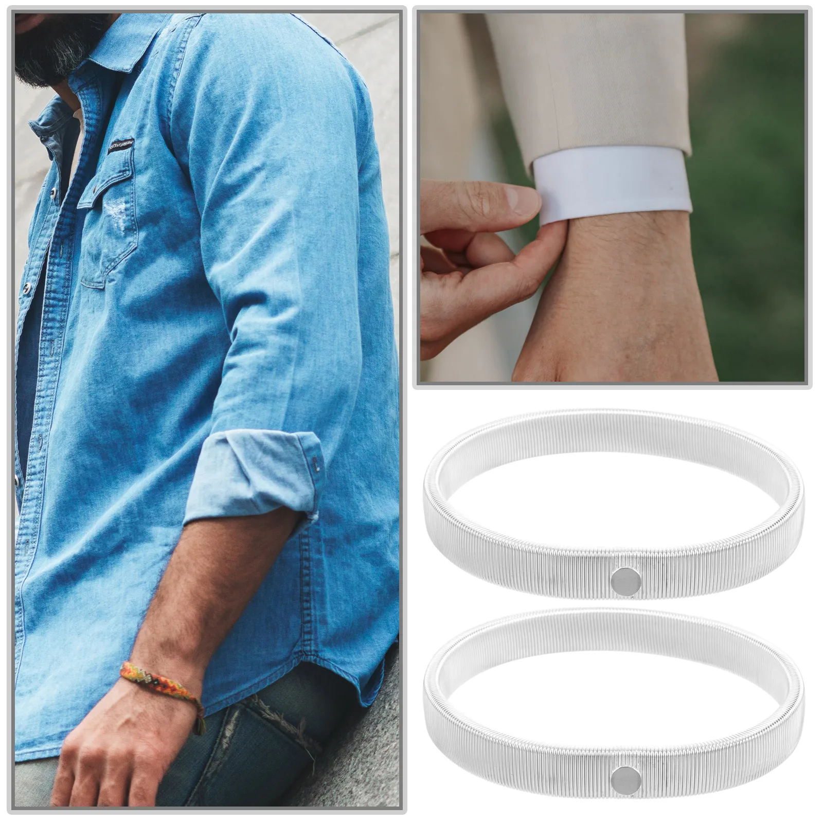 

2pcs Spring Bracelet Shirt Sleeve Holder Elastic Armband Durable Steel Iron Material Keeps Sleeves In Place Silver