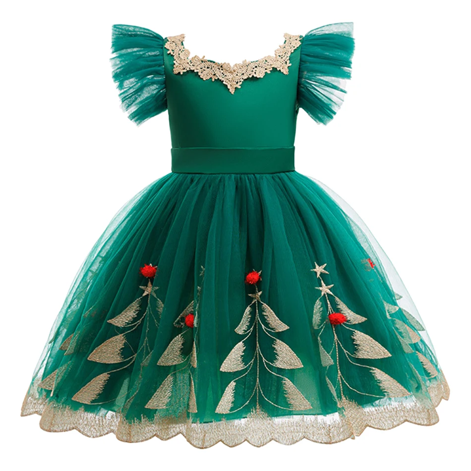 

Зеленое праздничное платье с рождественской елкой для девочек, элегантный костюм с рюшами для выступлений, наряд принцессы, торжественный праздничный наряд
