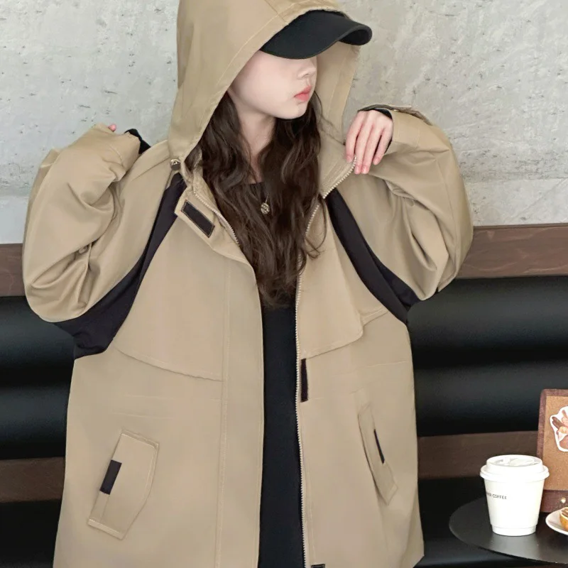 

Teenager Girls Autumn Coat Contrast Color School Girls Hooded Outerwear Long Sleeves Casual Versatile Children Girls Jacket