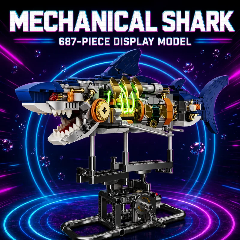 Creative 687Pcs Mechanical Shark Building Blocks LED Crank Mechanism Sea Animal Desktop Ornament Gift