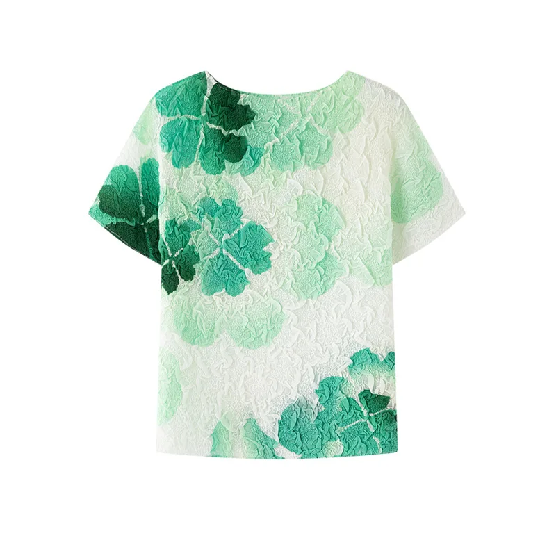 

Miyake Fold 2025 New Spring/Summer Tie Dyeing Green Printed Fold Texture Round Neck Loose Short Sleeve T-shirt Top for Women