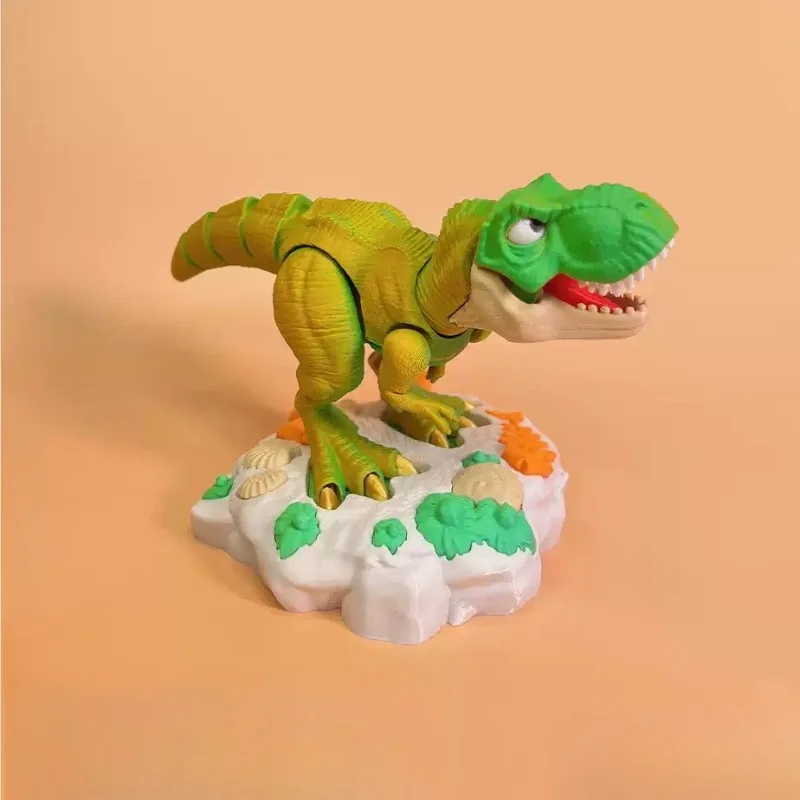 Cute T-Rex Dinosaur 3D Printed Articulated Figure Movable Joints Kids Toy with Rock Base Home Decor Gift