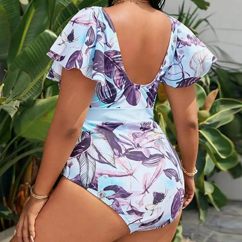 Plus Size Bikini Ruffles One Piece Swimsuit Women Sexy Deep V-Neck Floral Print Tankini 2023 Swimwear Beachwear Bathing Suit 4XL