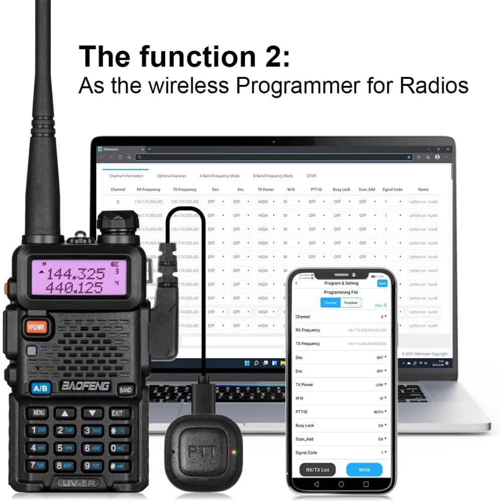 TIDRADIO Drahtloser Programmierer für Baofeng Radio 5RM, UV-5R, UV-5G Plus Programmierbarer/Bluetooth-PTT-Taste mit Mikrofon für TD-H3 TD-H8