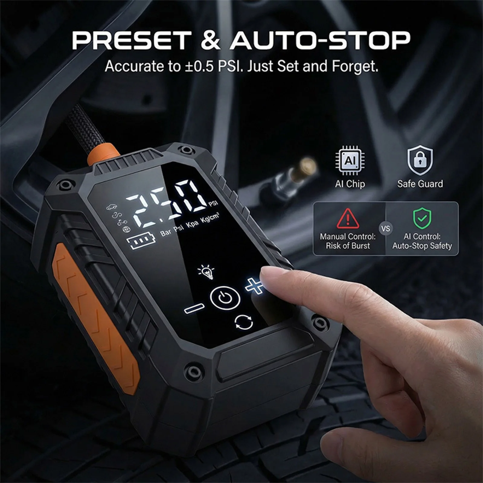 Portable Tire Inflator LCD Digital Display Wireless Air Pump with Auto Shut-Off with 4 Nozzles for Car Bikes Motorcycle Balls